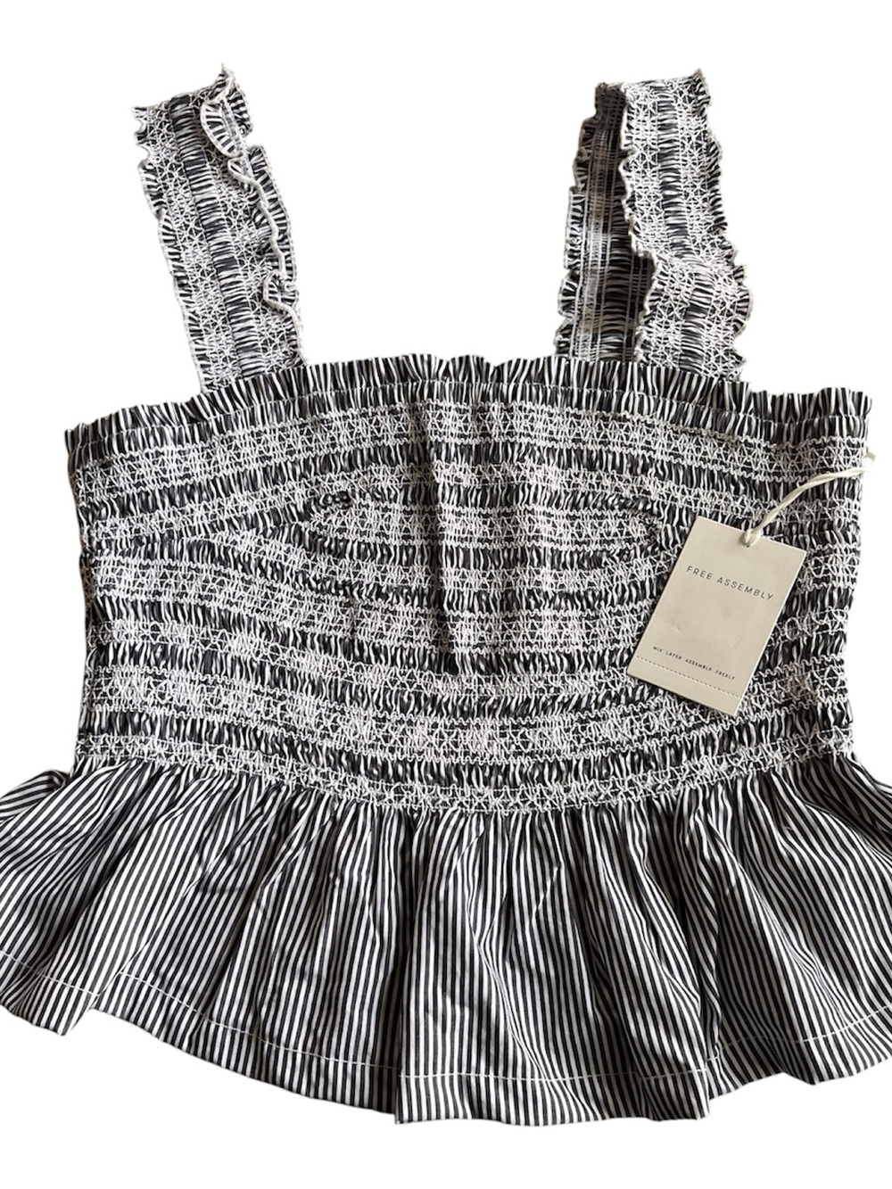 Ruffle Strap Smocked Peplum Top - Black & White Stripe